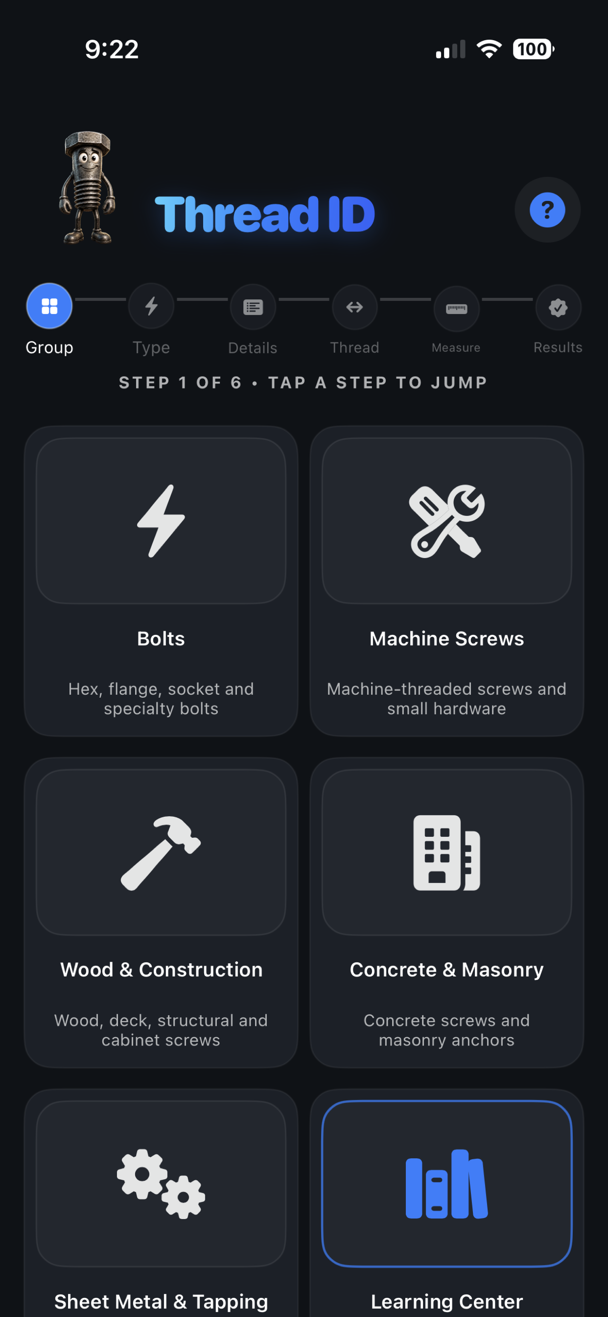 Thread ID app showing fastener group selection